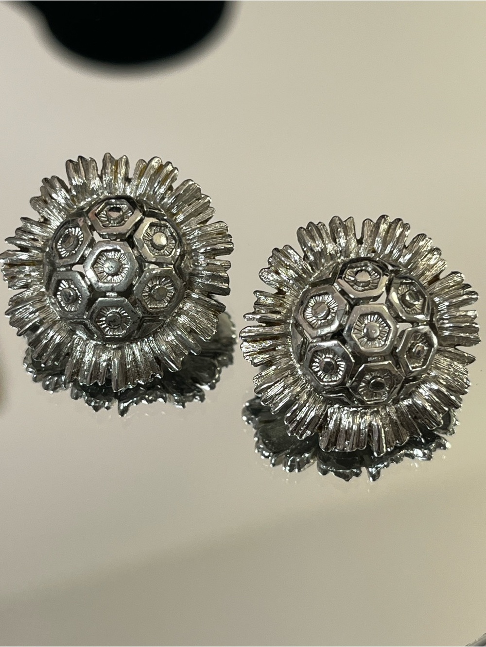 Vintage Monet Silver Tone Honeycomb Burst Clip On Earrings 1864